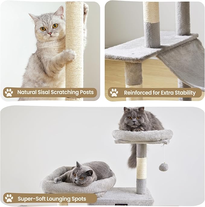 Large Cat Tree Tower for Indoor Cats Adult, 74.8 Inch Tall Multi-Level Kitty Condo with Scratching Posts, Perch, Hammock, Plush Bed for Big Cats, Modern Cat Furniture Heavy Duty (Light Grey)
