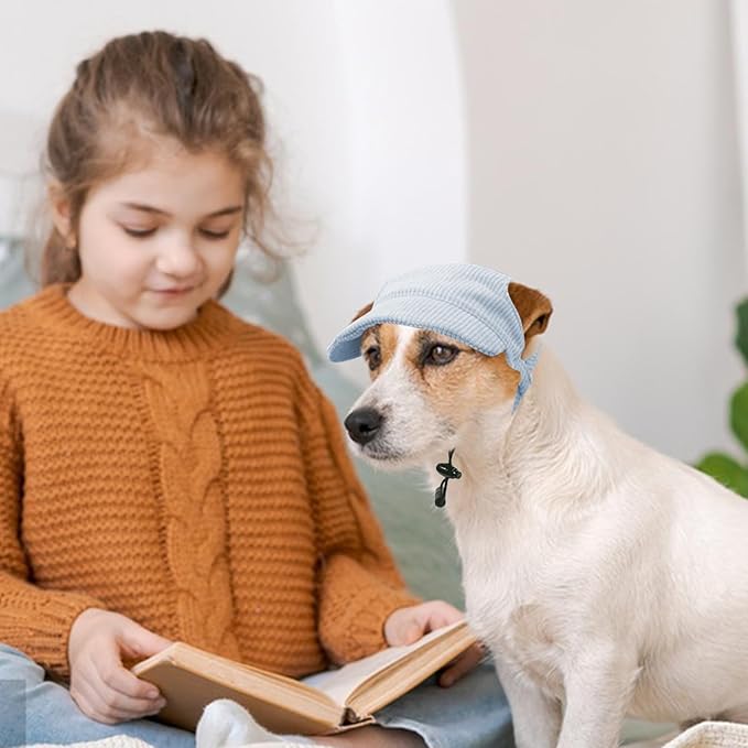 Dog Baseball Cap, Dog Cat Summer Beach Visor Hat with Ear Holes, Adjustable Puppy Sunbonnet Headdress (Blue, X-Small)