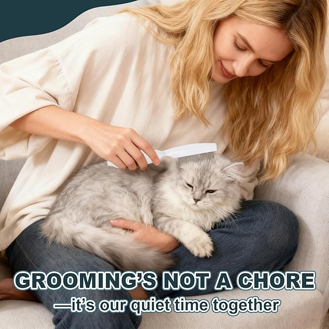 Premium Cat Comb - Professional Dog Comb with Dual-Length Stainless Steel Teeth & Ergonomic Silicone Handle - Versatile Comb for Long & Short Hair, Rabbits & More