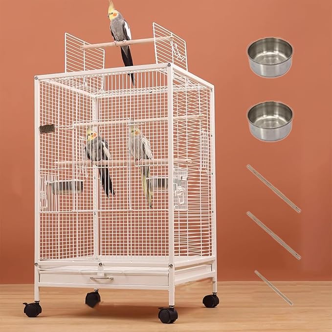xixi-home Parrot Cage,Metal Bird Cage Ornamental Cage -with Play Top and Wheel,Large Birdcage Flight Cages for Outdoors for Parakeet,Lovebirds,Cockatiels(Type A - White)