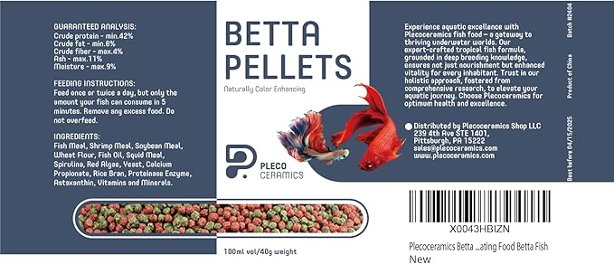 Plecoceramics Betta Fish Pellets Extreme Color, Complete Nutrition Plus Color Boost, Enhancing Floating Food Betta Fish (1.4 oz / 40 g)