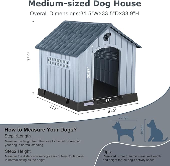 LEMBERI Plastic Dog House for Medium Dogs, Durable Waterproof Indoor Outdoor Doghouse with Air Vents and Elevated Floor, Easy to Assemble (Gray, 33.5" L x 31.5" W x 33.9" H)