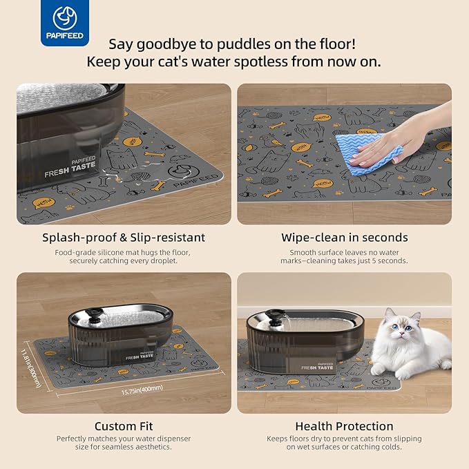 Cat Water Fountain Stainless Steel with a Silicone Mat, 84oz/2.5L Automatic Cat Water Fountain with Water Level Window and LED Light, Quiet Low Power Cat Water Bowl & Cat Water Dispenser(Black)