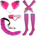 Fumwase Pink Purple Striped Cat Costume Set - Ears, Necklace, Furry Tail, Striped Gloves, Socks - Women's Cosplay Halloween