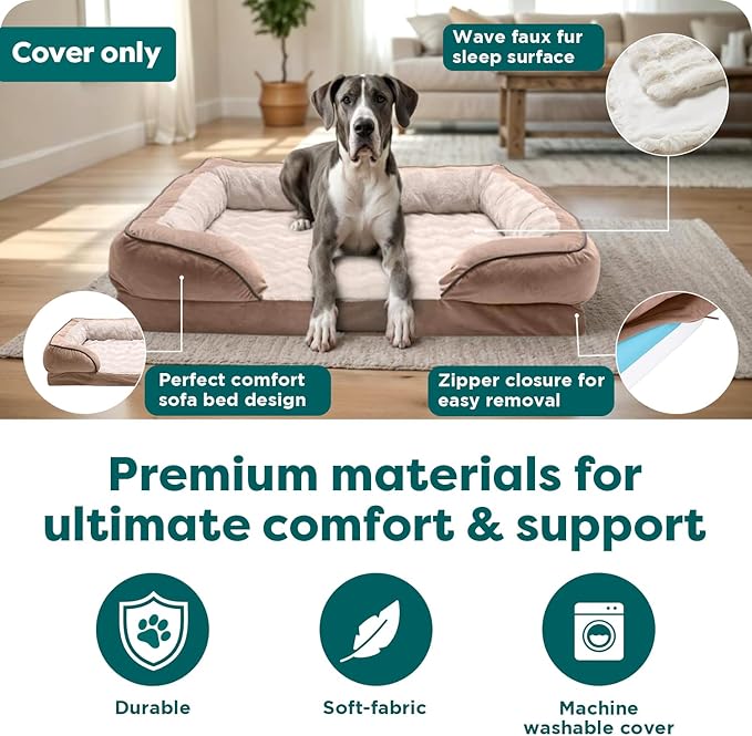 FurHaven Dog Bed Cover Replacement, Sofa-Style Design with Soft, Breathable Fabric for Cozy Comfort, Machine Washable, Jumbo Plus XXL, Plush & Velvet Waves, Brownstone