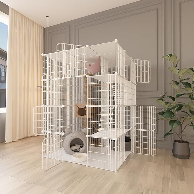 Large 4-Tier Cat Cage Indoor, DIY Cat Enclosures Detachable Metal Wire, Indoor Cat Crate Exercise Place Ideal for Kitty, Small Animals (White, 41" L x 41" W x 55" H, 7)