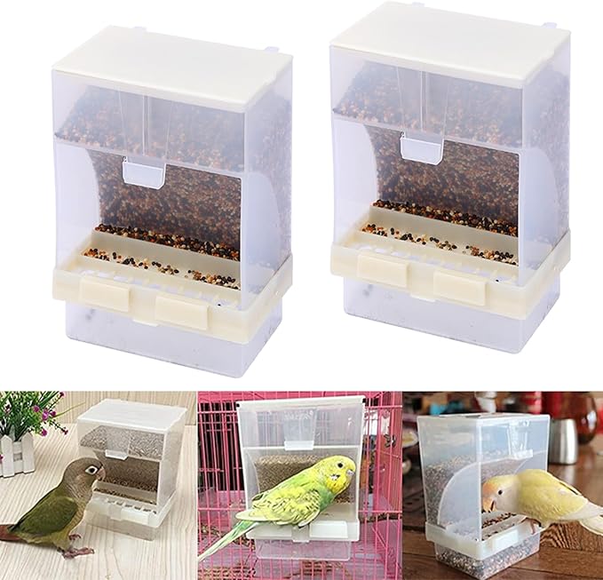 PINVNBY 2 PCS No Mess Bird Feeder, Automatic Bird Feeder for Cage, Seed Food Container Cage Accessories for Parrot Budgerigar Canary Cockatiel Finch Parakeet Green Cheek Conures Parrotlets Lovebirds
