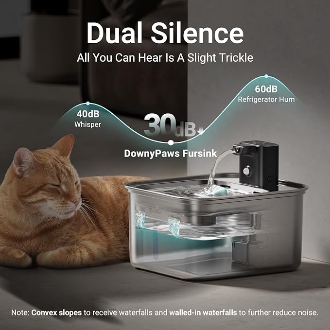 DownyPaws Cat Water Fountain Stainless Steel Wireless, 101 oz/3L FurSink Cordless Water Fountain for Cats, Battery Operated Cat Fountains for Drinking with Motion Sensor, Easy Clean, Metal & 6 Filters