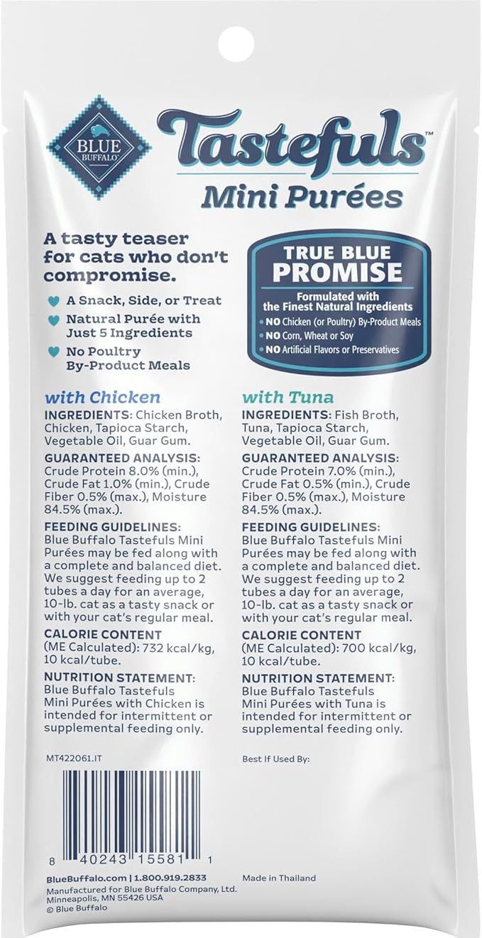 Blue Buffalo Tastefuls Mini Purées, Adult Cat Natural Single-Serving Snack, 4-Count Variety Pack Chicken and Tuna, 0.5 oz. (Pack of 1)