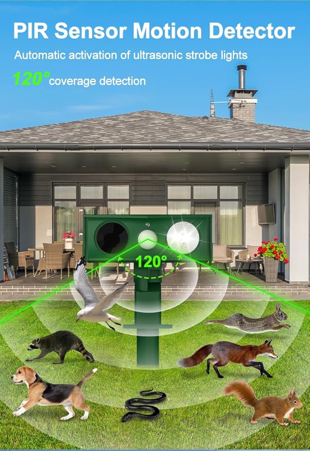 Animal Repellent Solar Powered Ultrasonic Animal Repeller Motion Sensor and Flash Light Outdoor Weatherproof Farm Garden Lawn for Cat Dog Coyote Bird Skunk Snake Raccoon Rabbit Squirrel (1 Pack)