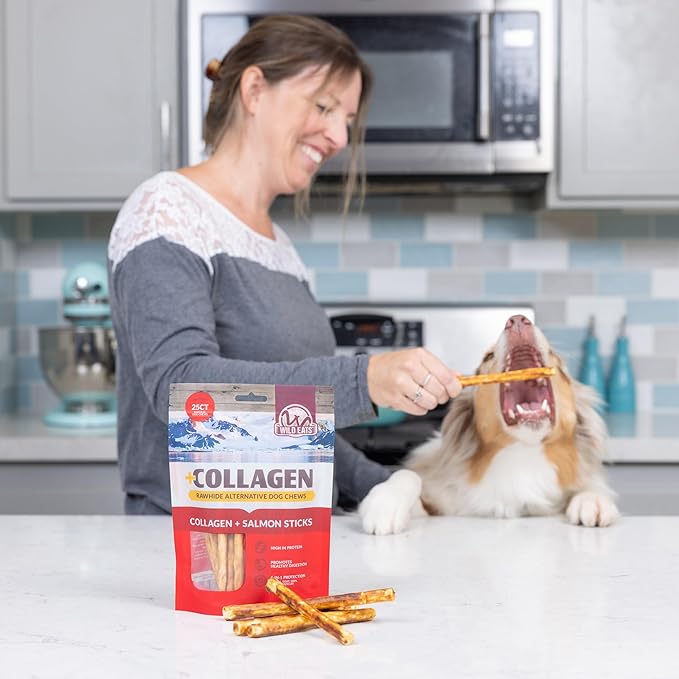 Wild Eats Collagen Real Salmon Sticks for Dogs 25ct - Long Lasting Dog Chews No Hide Dog Treat Bully Stick Alternative, Rawhide Free, Grain Free, High Protein