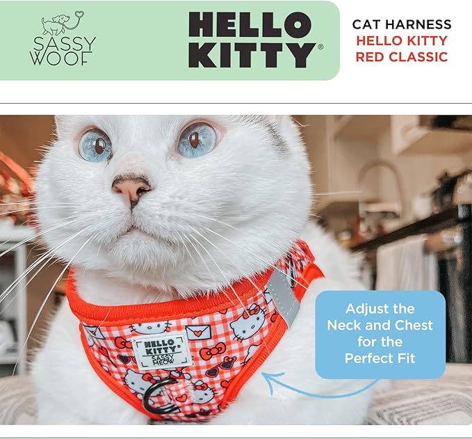 Sassy Woof Cat Step-in Harness - Hello Kitty® Red Classic - L, Breathable Mesh, No Pull Design with Two D-Rings, Perfect for Large Cats - Officially Licensed