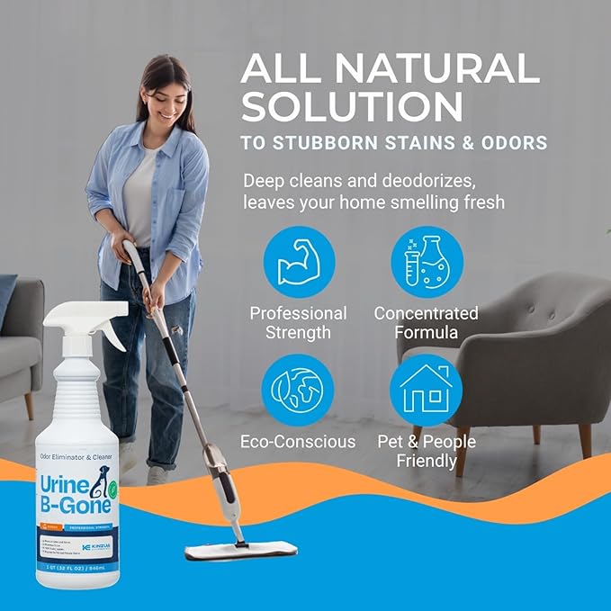 Urine B-Gone, Professional Enzyme Odor Eliminator & Pet Stain Remover, Human, Cat & Dog Urine Cleaner, Effective on Laundry, Carpets & More, Citrus Scent, 32oz
