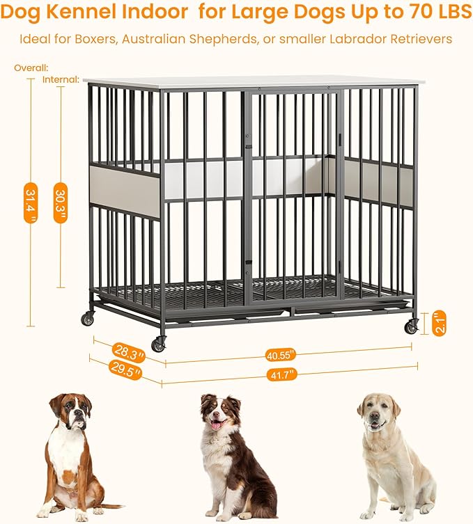 Dog Crate Furniture for Large Dogs, 42 Inch Indoor Large Kennel, Wooden Pet Cage Decorative Corner End Table with Caster Wheels & Double Removable Tray, White