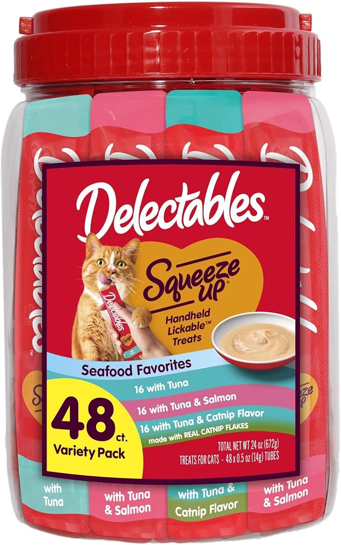 Delectables Squeeze Up Tuna Variety Pack, Creamy Squeezable Puree, Lickable Wet Cat Treats, Grain-Free, No Added Fillers, 0.5 Ounces Tube, 48 Tubes Total