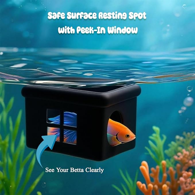 Black Floating Betta Fish Hideout with Window – Sleek 3D Fish Breeding Box & Shelter – Floating Feeding Platform for Betta Tanks – Rest Cave Decor for Small Aquariums (3.67"x2.87"x2.16")