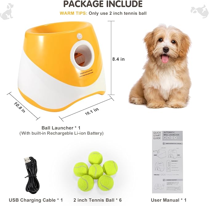 Automatic Dog Ball Launcher Interactive Dog Toy for Small & Medium Dogs | Includes 6 Balls, USB Charging Cable & Adjustable Distance |Hands-Free Fetch Machine for Indoor & Outdoor Play(Orange)