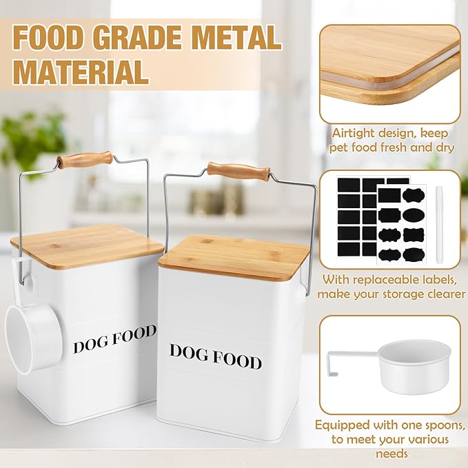 Tioncy 2 Pcs Metal Dog Food Storage Containers Total 10-14 Lbs (50 Cup) Capacity, Airtight Pet Food Canister with Bamboo Lids Scoop DIY Labels Dog Treat Storage Jars for Kitchen Counter(White)