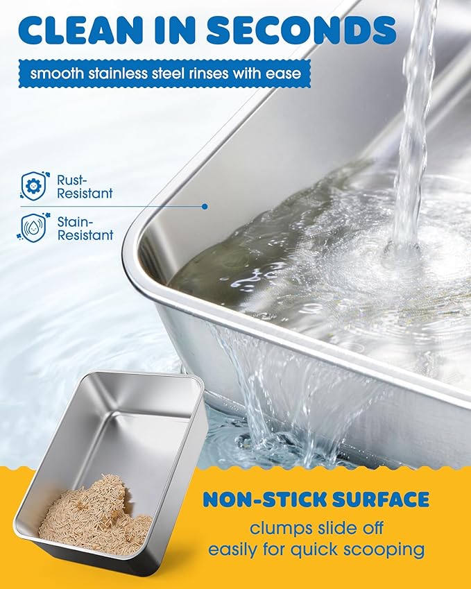 Stainless Steel Cat Litter Box, Metal Litter Box with Scoop, High- Sided, Anti-Leakage Top Entry, Non-Sticky, Easy to Clean, Grey, XL (2 Pack)