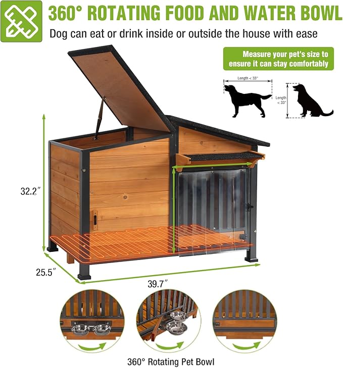 GUTINNEEN 39.7" L Heated Dog House Outdoor Insulated Winter Dog Kennel with Thermostat-Controlled Heating Pad, Chew-Proof Metal Frame and 6-Sided Insulated Liner for Medium to Large Dogs, Brown