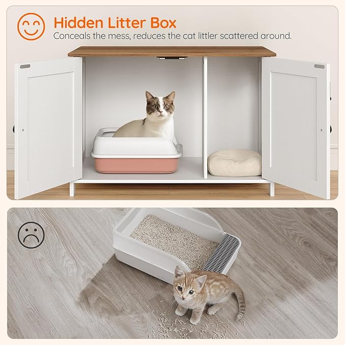 HOOBRO Litter Box Enclosure, Cat Litter Box Furniture with Removable Divider, Hidden Litter Box Furniture, Wooden Cat House, End Side Table, 31" L x 17.5" W x 19.7" H, White and Walnut WH03MW01G2