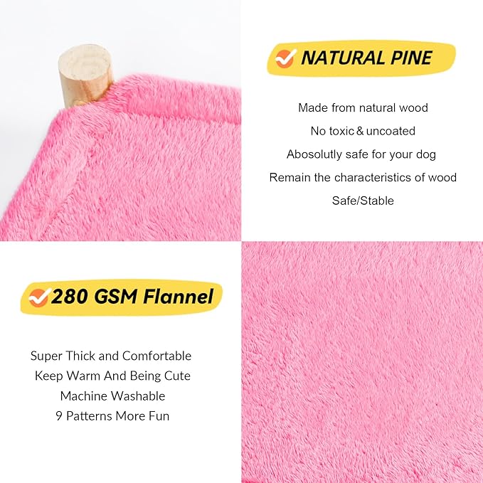 Patas Lague Cat and Dog Hammock Bed for Small Dogs, Brethable Wooden Cat Pet Rabbit Elevated Outdoor Bed Cots Furniture for All Seasons Fleece Hot Pink
