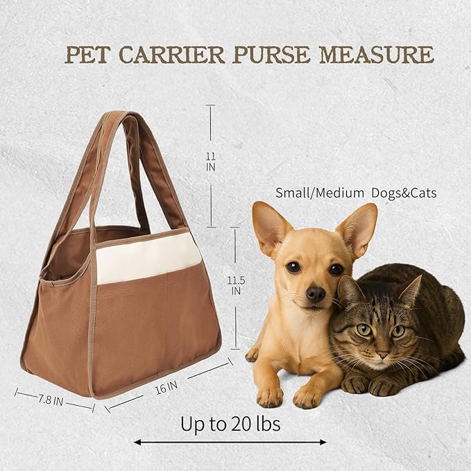 Dog Cat Purse Carrier for Small Pets, Dog Carrier with Secure Harness Clip, Zipper Closure Small Dog Cat Bag Carrier for Pets-Brown, Up to 15 Lbs