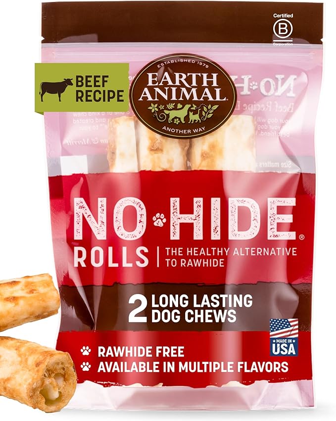 Earth Animal No Hide Chews - Long Lasting Rawhide Free Medium Dog Chews Rolls, Beef - 2 Count