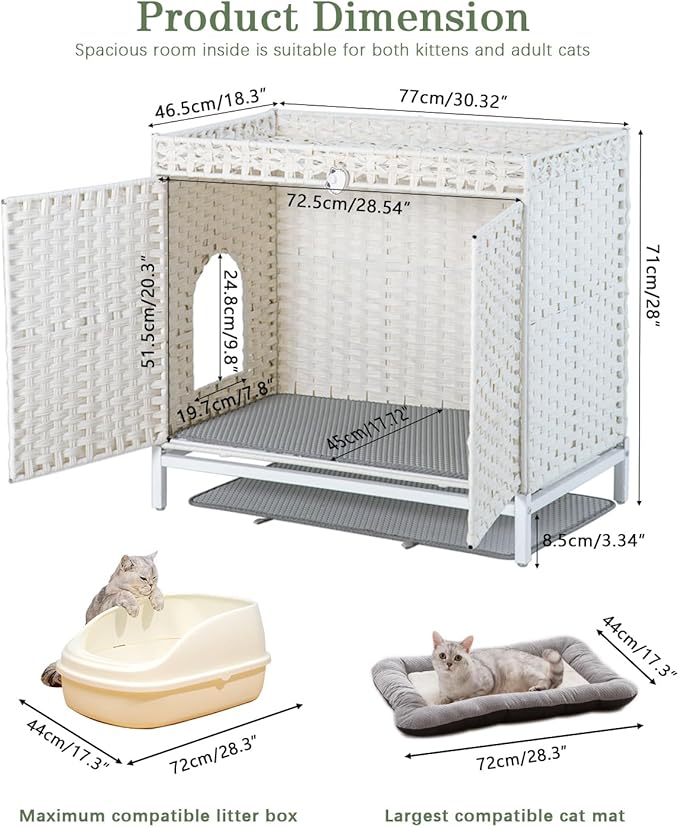 Cat Litter Box Enclosure Furniture, Hidden Handwoven Rattan Litter Box with Mat, Large Cat House with Metal Heightened Feet, 30.3 x 18.3 x 28 Inches, Indoor for Living Room, Bedroom White