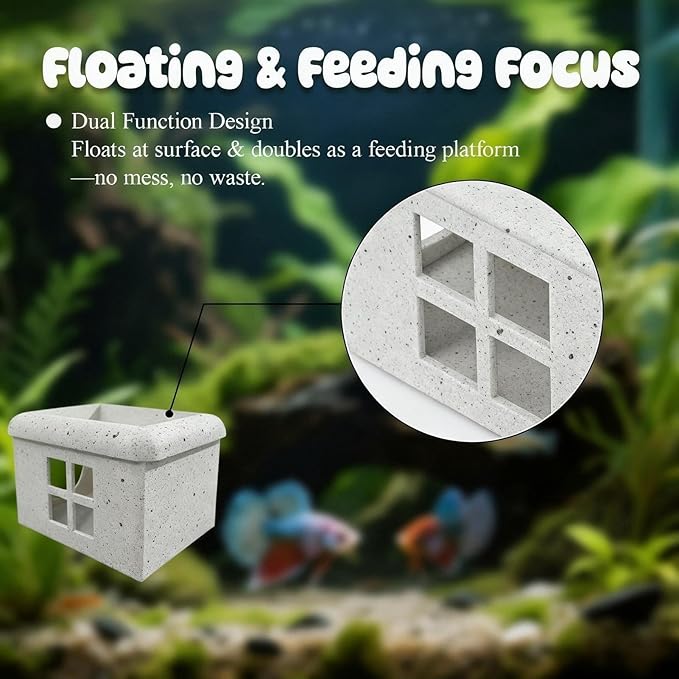 Marble Gray Floating Betta Fish Hideout with Window – 3D Aquarium Shelter & Feeding Platform – Betta Resting Cave for Fish Tank Decor (3.67"x2.87"x2.16")