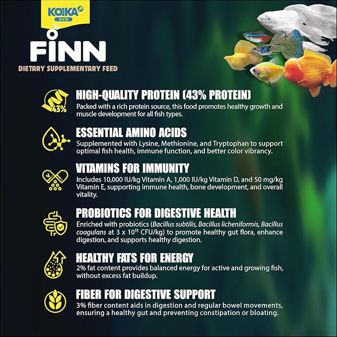 KOIKA FINN Probiotic Fish Food Pellets for Ornamental Fish, 43% Protein with Bacillus Probiotics, Supports Digestion and Immune Health for Daily Feeding (50g, Ornamental Fish - 0.4mm Pellets)