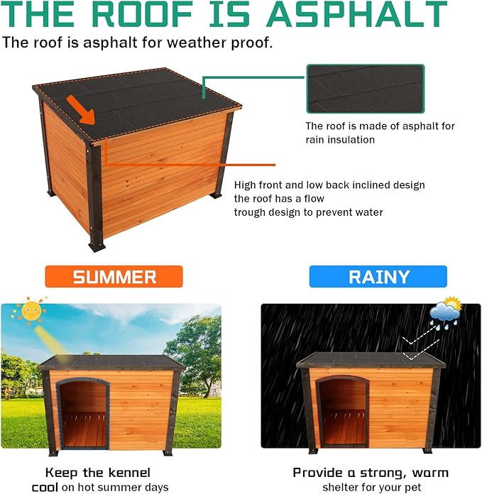 Large Wooden Dog House Outdoor Weatherproof Dog Houses for Dogs Outside Indoor Doghouse Large Breed Dog Kennel for Winter with Raised Feet, Orange+Black
