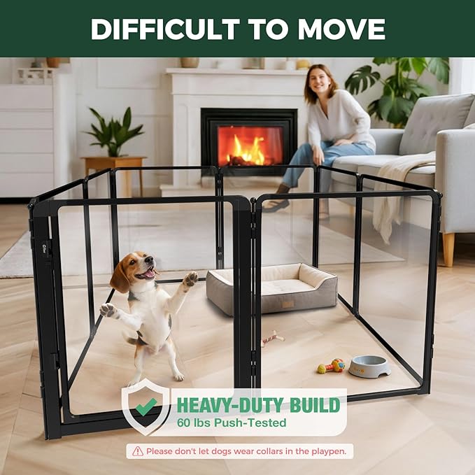 FXW AuraSpace Pro Metal & Acrylic Indoor Dog Playpen, All-Acrylic Clear Heavy-Duty Design, 32" Height 8 Panels for Small and Medium Dogs, Black│Patented