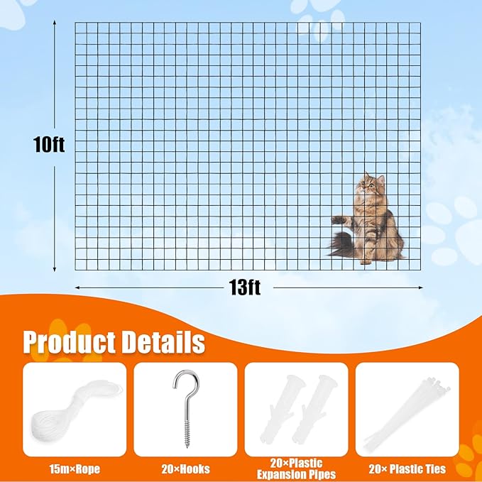 YeeBeny Cat Netting Balcony, 10x13 Ft Steel Wire Reinforced Safety Net for Cat, Cat Balcony Protection Netting, Anti-Fall Pet Balcony Netting Suitable for Balcony Window Staircase Terrace