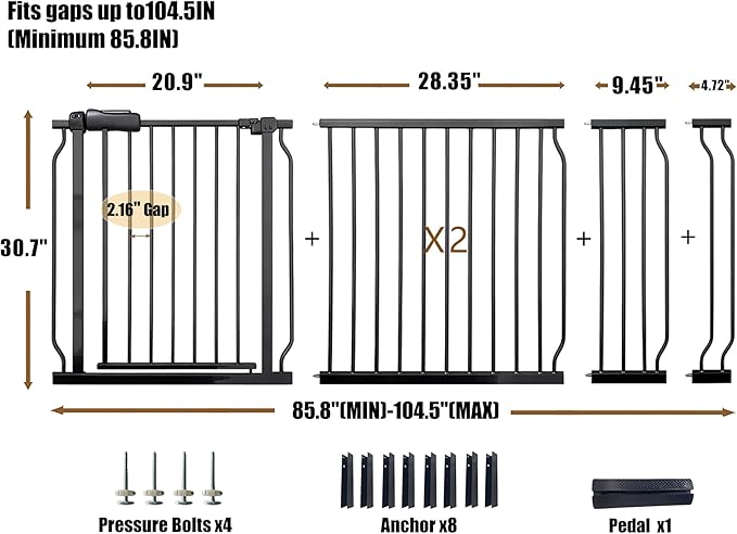 Extra Wide Baby Gate 85.8-104.5 Inch, Pressure Mounted No Drilling, for Stairs & Doorways, Metal Black Indoor Safety Gate for Kids and Dogs
