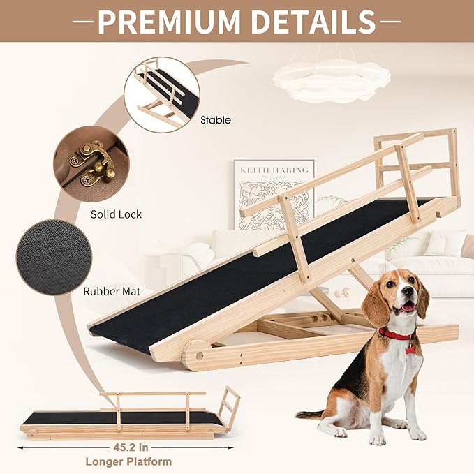 SLSY Dog Ramp for Bed, Couch & SUV, Upgraded Folding Adjustable Pet Ramp with Non-Slip Rubber Mat, 45.2" Long, 5 Heights 15.7''–23.6", Portable Wooden Step Supports up to 200 lbs for Pet(Natural)