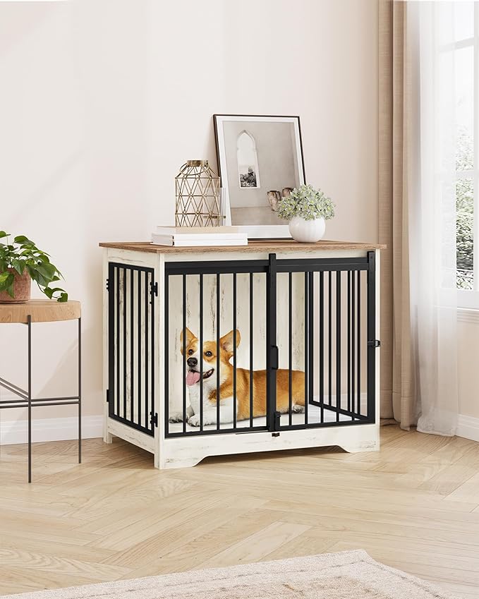 31.9" Dog Crate Furniture with Barn Door, Heavy Duty Dog Kennel Indoor with 2 Doors, Wooden Pet Cage End Table for Small Medium Dogs up to 44 lb, Anti-Chew Anti-Escape, White Brown DFC83614B