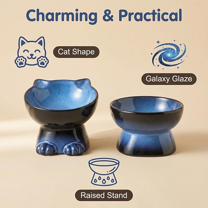 Nihow Elevated Cat/Dog Bowls Set : 6.2 Inch Ceramic Raised Cat Food & Water Bowl Set for Protecting Pet's Spine - Feeding & Watering Supplies for Cat/Small Size Dog - Elegant Blue & Black (2 PC)