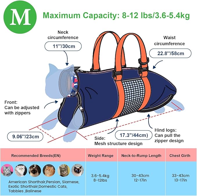 Cinf Cat Nail Clipping Cleaning Grooming Restraint Bag （Free Muzzle） No Scratching Biting for Bathing Nail Trimming Injecting Examining((Navy Blue,M)