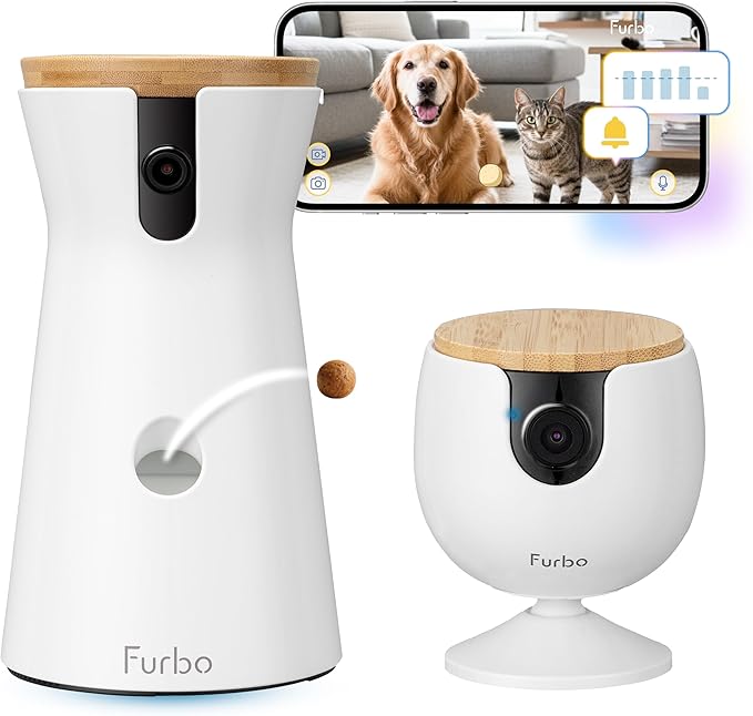 Furbo 360° Dog Camera + Mini [New Subscription Required at Setup] 2-Camera Bundle Nanny Pro Subscription: Dog Safety & Home Security Alerts, Pet Camera with Speaker, Phone App & Night Vision