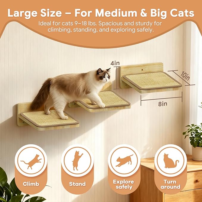 3Pcs 10"×8" Cat Wall Steps - Cat Stairs for Wall, Ladder Natural Wood with Fixtures,Turn Around or Climbing or Playing for Kittens and Adult Cats