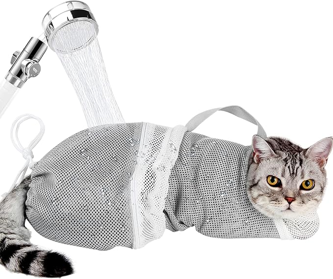 Cat Bathing Bag Adjustable Cat Grooming Net Bag Anti-bite & Anti-Scratch Cat Bath Washing Restraint Bag, Breathable Mesh Cat Grooming Bag for Shower, Nail Trimming, Injection