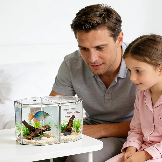 ERINGOGO Octagonal Acrylic Fish Breeding Tank Divider Box, High Transparency Dual-Compartment Isolation Hatchery for Betta and Small Tropical Fish, Aquarium Supply for Desktop Micro