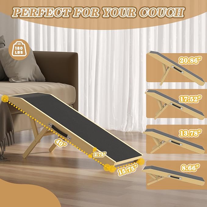 Dog Ramp for Couch - 4-Level Adjustable (8.6"-20.9") & Wider Foldable Pet Ramp for Small Dogs, Non-Slip EVA Mat with Glow Strips, Solid Birchwood Supports 200Lbs
