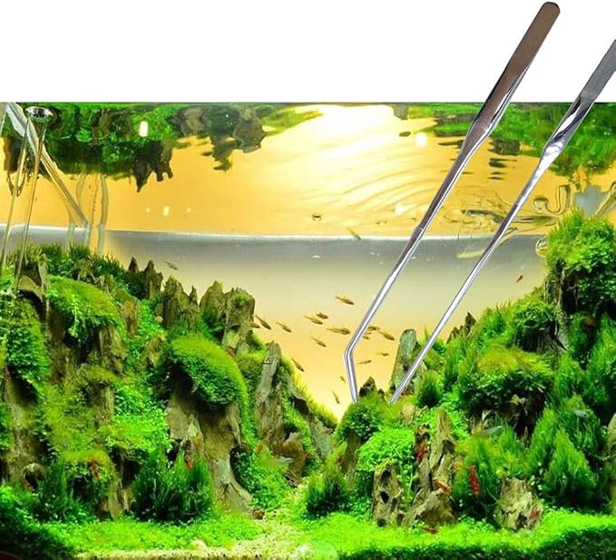 2PCS Aquarium Tweezers Stainless Steel Straight and Curved Tweezers Set Long Handle Reptile Feeding Tongs for Aquatic Plants Lizards Spider Snakes Garden Repairing - 10.6inch, Silver