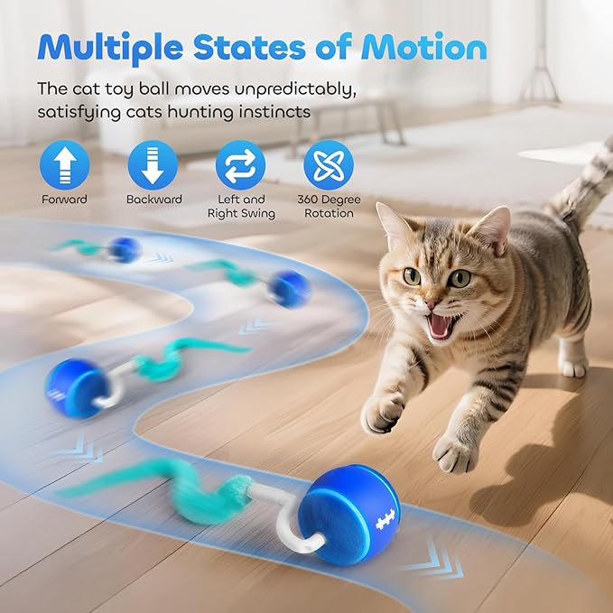 Automatic Interactive Cat Toy Ball for Indoor Cats, Carpet-Safe with Tangle-Free Tail, 3-Mode Touch Activated, Gen 3 High-Capacity 800mAh Battery (6-8H Play), Includes 2 Tails