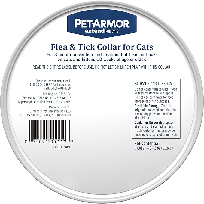 PetArmor Extend Flea & Tick Treatment & Prevention Collar for Cats, 8 Months of Protection, Waterproof, Kills Fleas, Ticks, and Flea Larvae, 2 Count