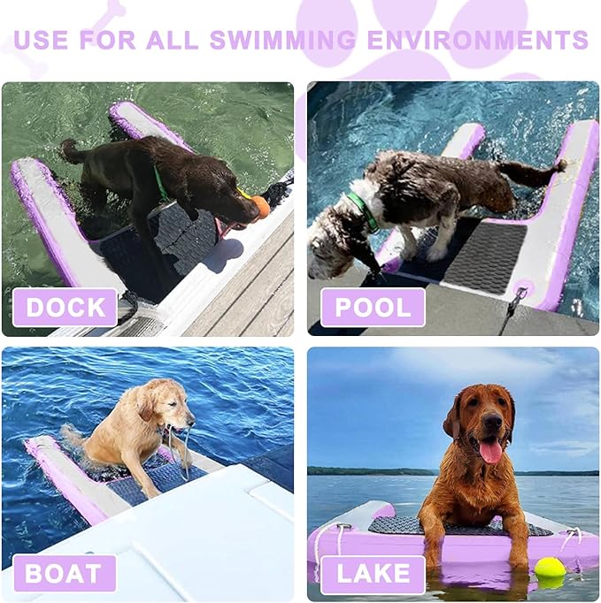 Inflatable Dog Water Ramp, Non-Slip Floating Dock Ladder for Pools, Boats & Lakes, Pool Ramp for Dogs Up to 200 Pounds, Purple