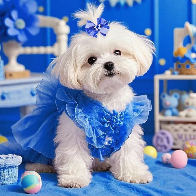 20 PCS Cute Dog Hair Bows with Rubber Bands Elastic Handmade Mix Style Lace Rhinestone Pearls for Furry Puppy Cat Pet Girl, Dark Blue