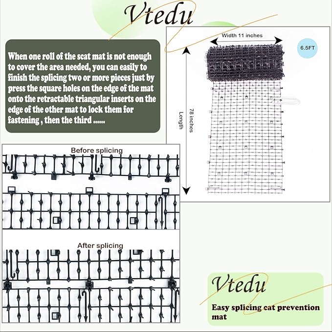Cat Deterrent Mat(6.5ft), Cat Repellent Mat, Cat Scat Mat,Cat Spikes with 8 Staples, Scat Mats for Pets(Cats, Dogs...) for Garden